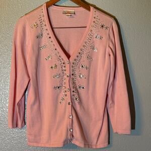 Vintage Quacker Factory Pink Cardigan Bejeweled Bling Size Medium